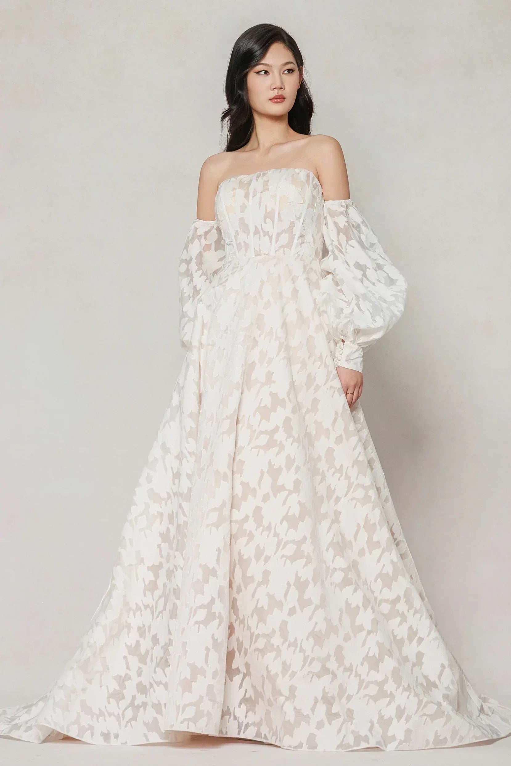 A-Line Court Train Gauze Broche Wedding Dress CW3624 - COCOMELODY